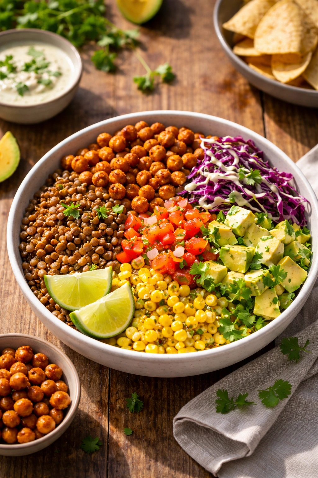 Bowl of lentils and crispy chickpeas on a wooden table
