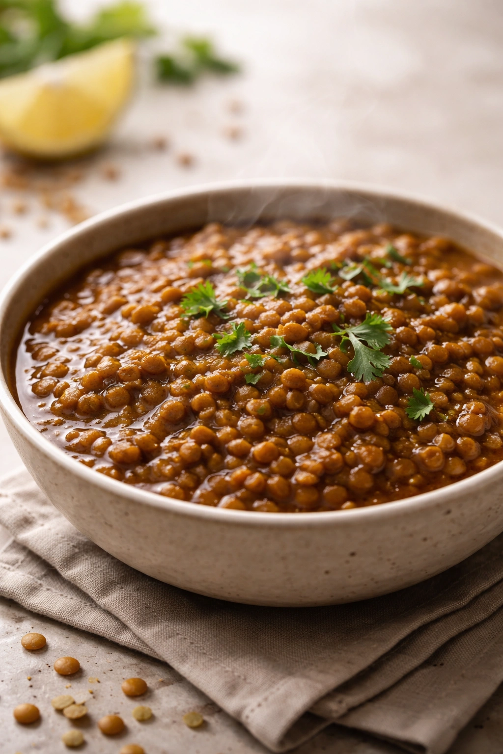Close-up of cooked lentils in a bowl highlighting protein and fiber content