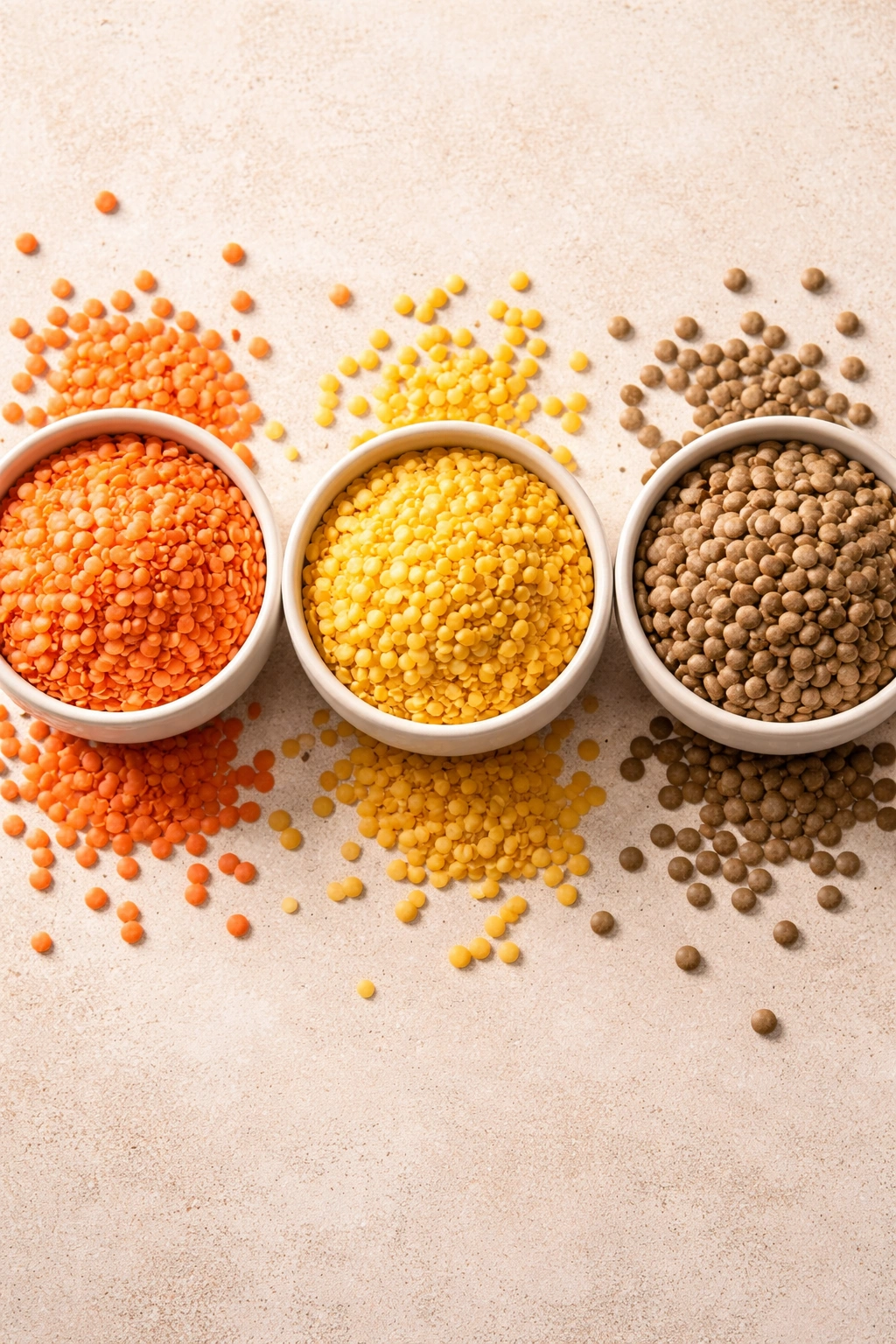 Three lentil varieties in bowls: red, yellow, and brown
