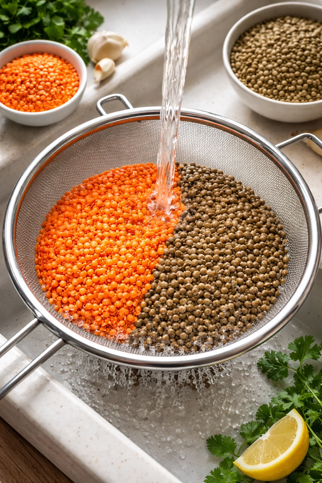 Lentils rinsed in a sieve under running water