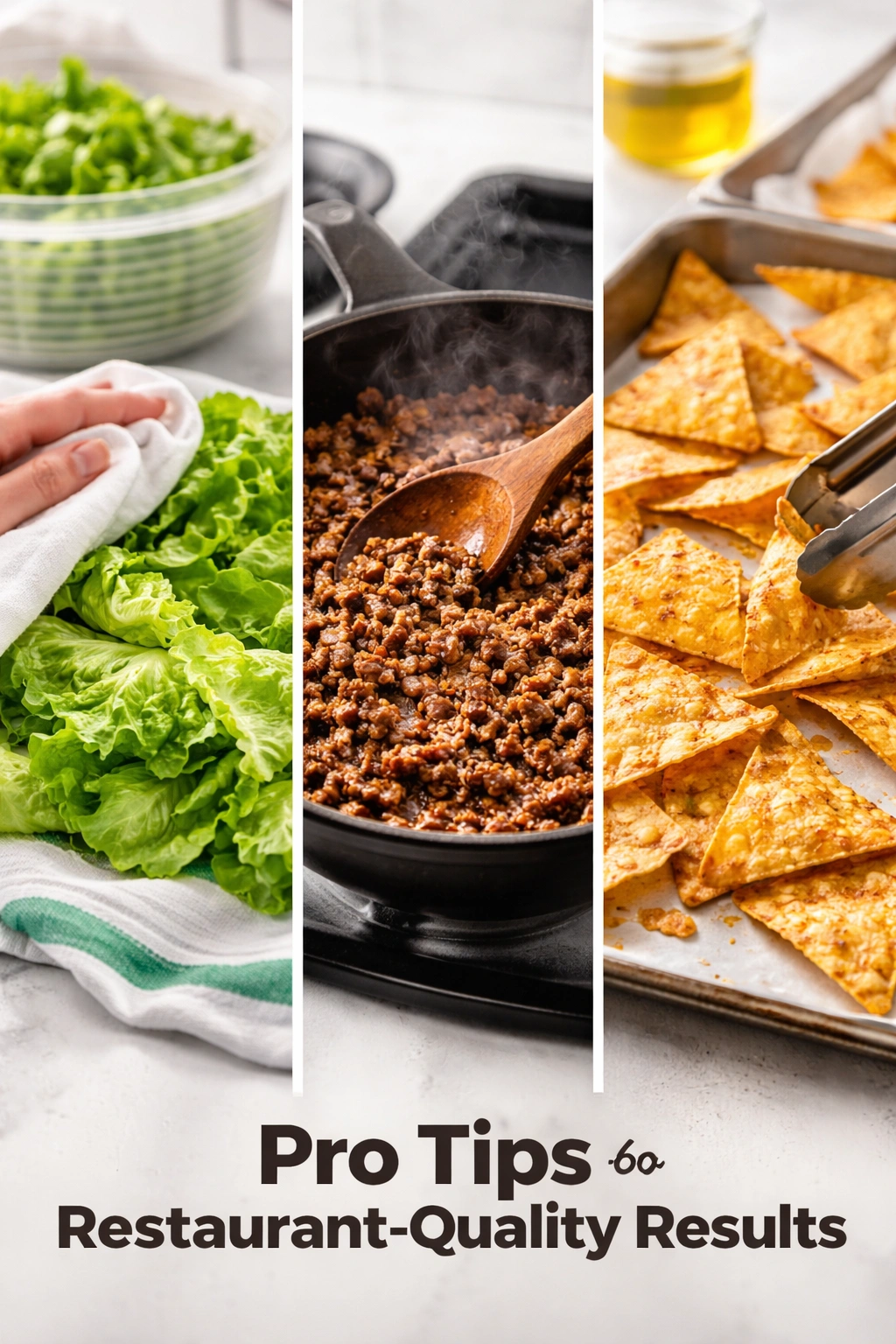 Lettuce drying, beef browning, and chips crisping to achieve restaurant-quality results