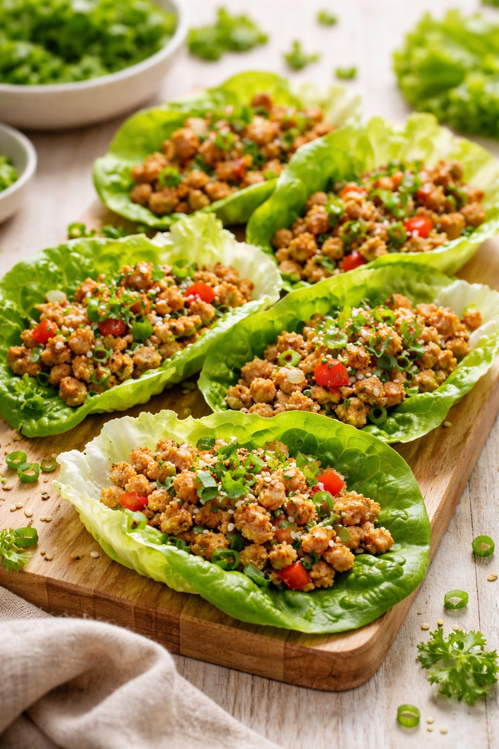 Close-up of lettuce wraps filled with chicken on a light surface