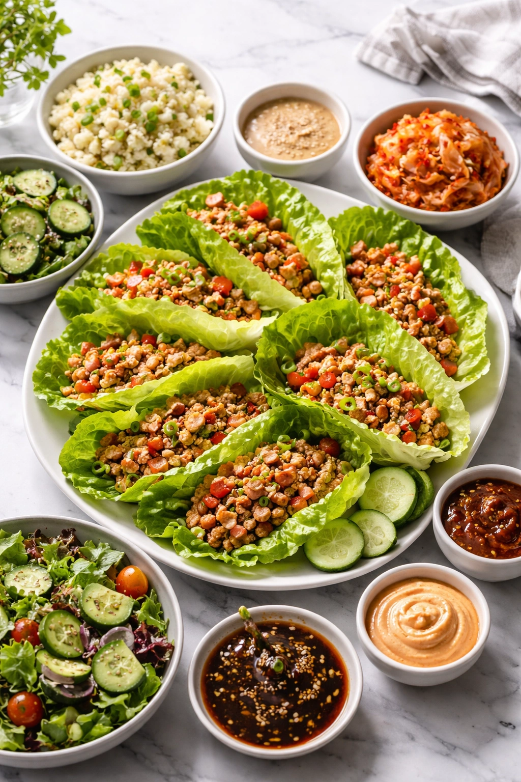 Lettuce wraps with sides arranged on a plate for serving and pairing