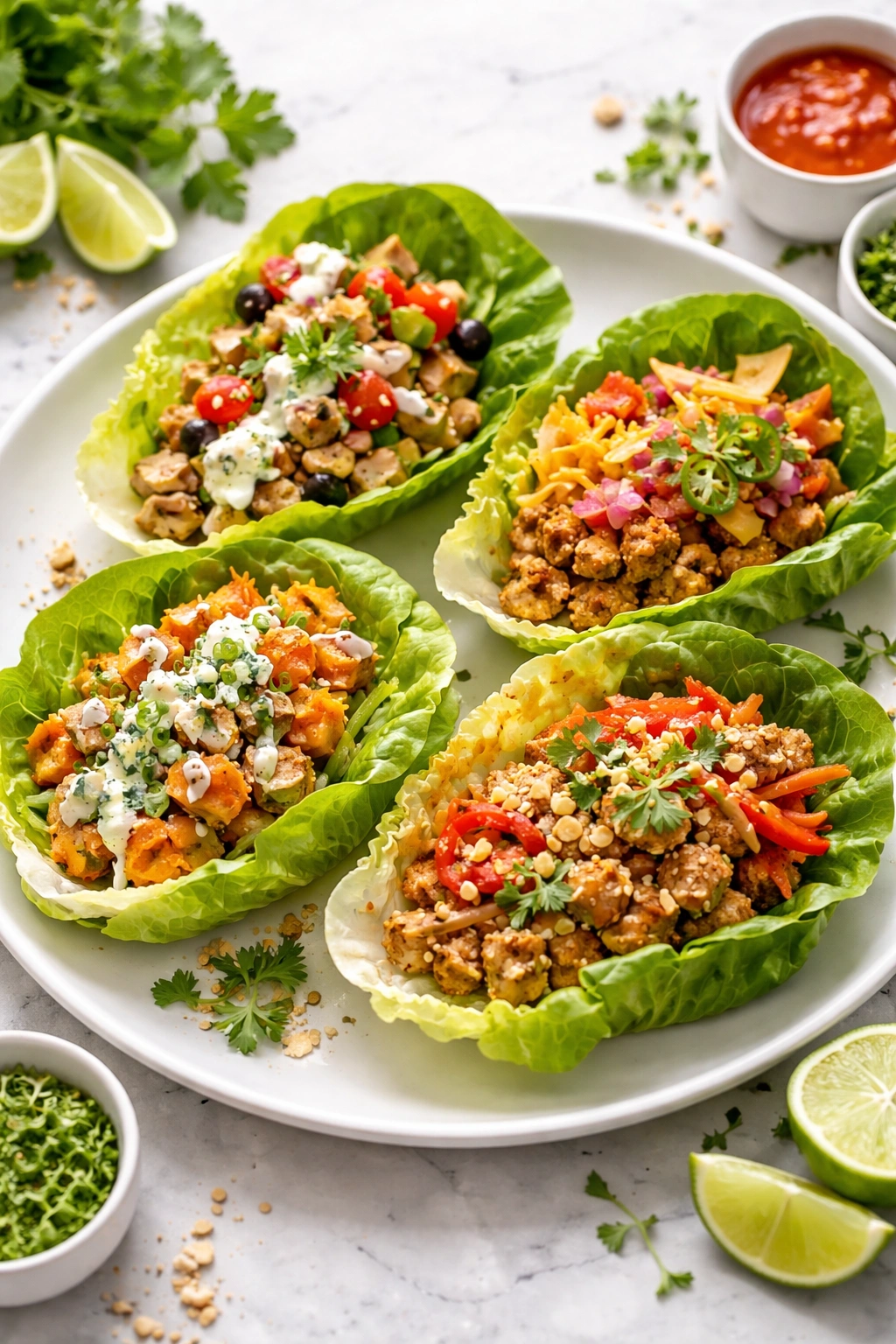 Plate with four lettuce wraps showing flavor variation options