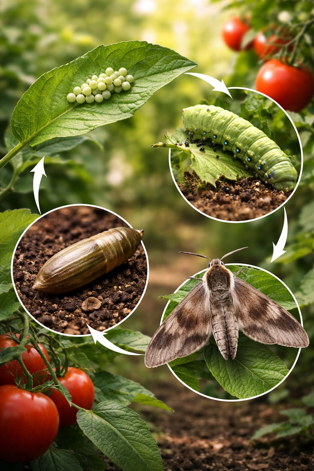 Montage of tomato worm life cycle stages