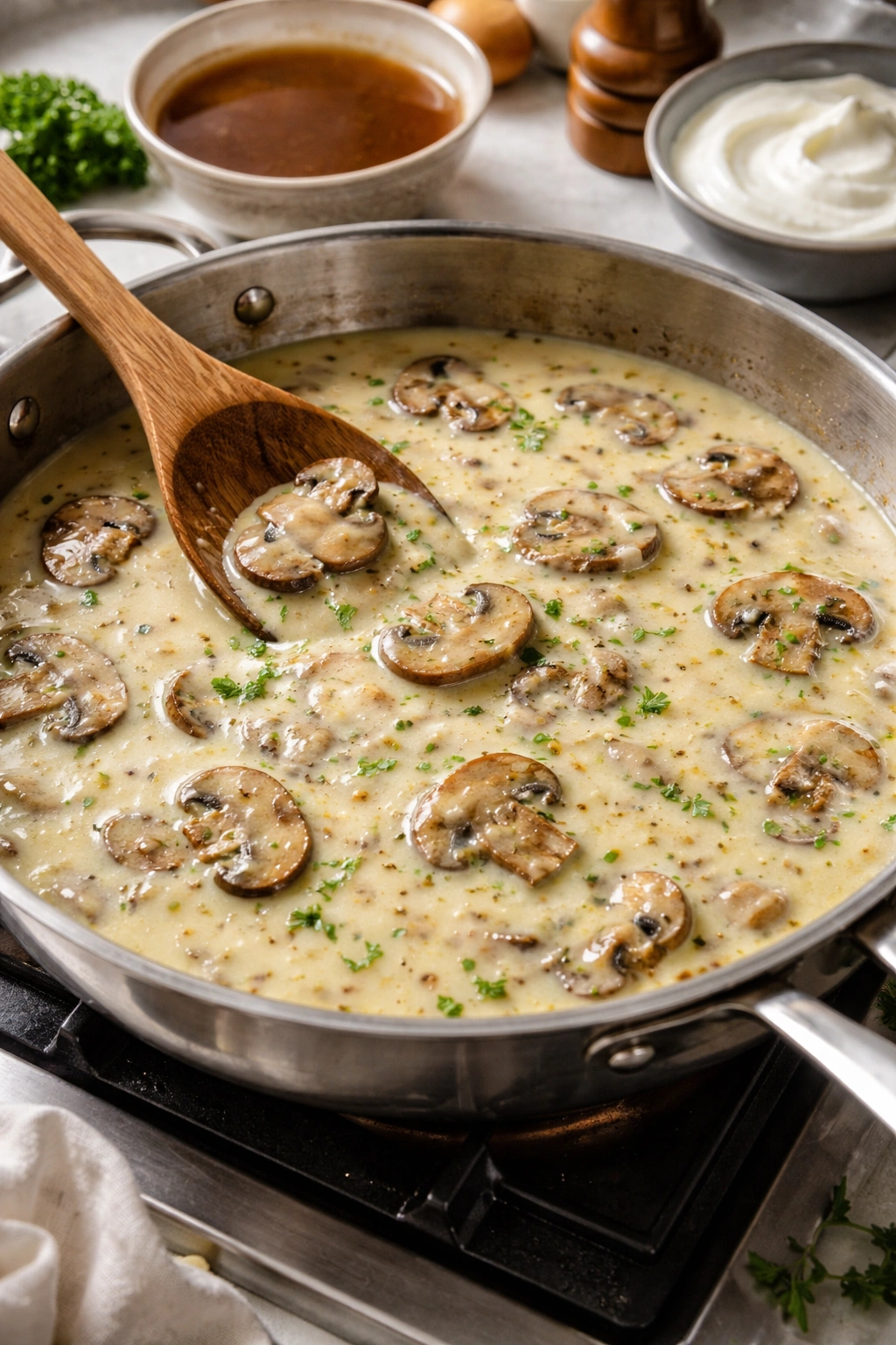 Mushrooms and light glossy sauce simmering in a pan