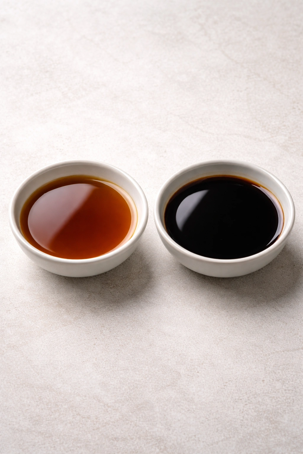 Two bowls of light and dark soy sauce showing color contrast