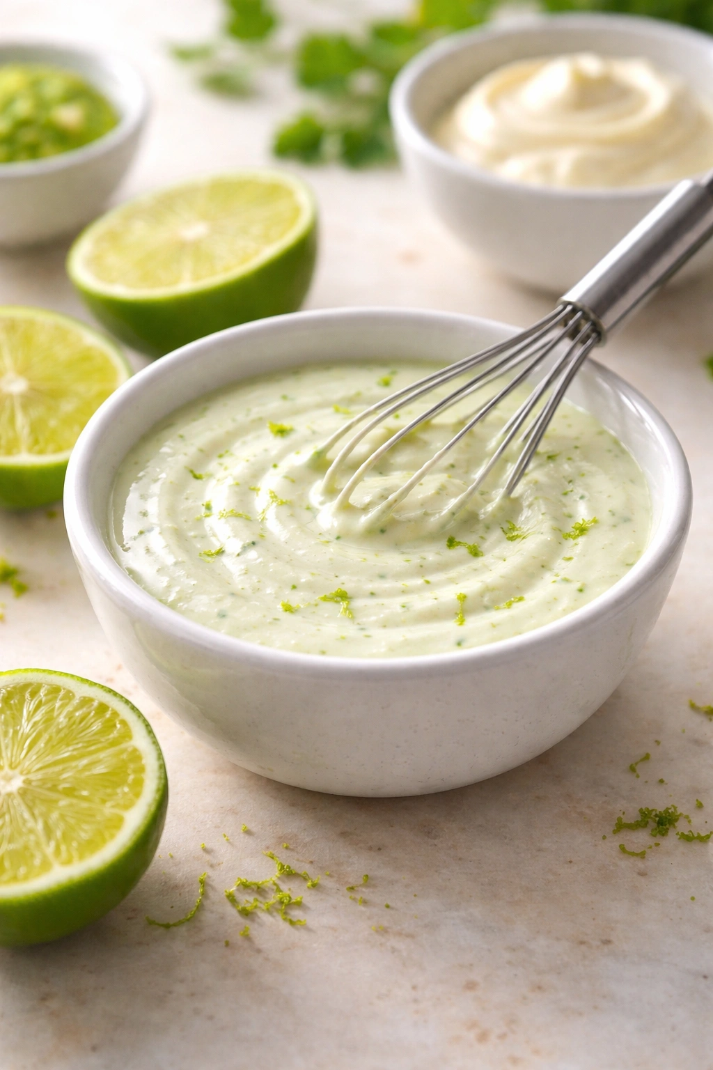 Close-up of silky lime crema in a small bowl with lime zest and a whisk nearby