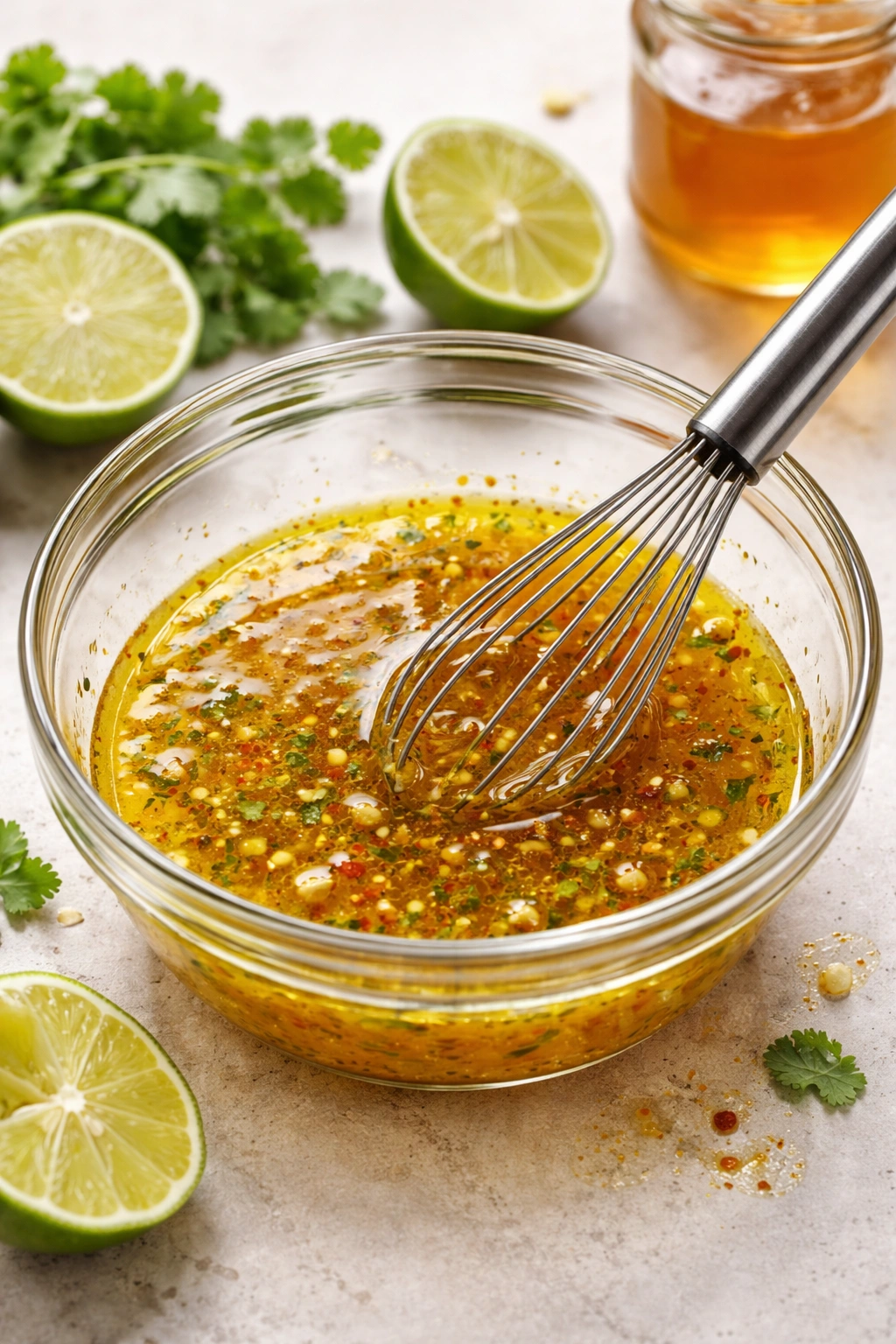 Glass bowl with golden lime-honey marinade