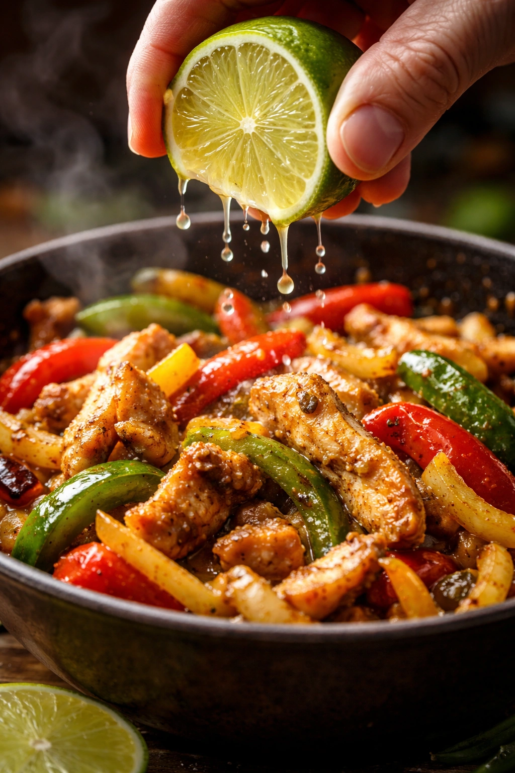 Hand squeezing lime over fajita mixture, bright droplets