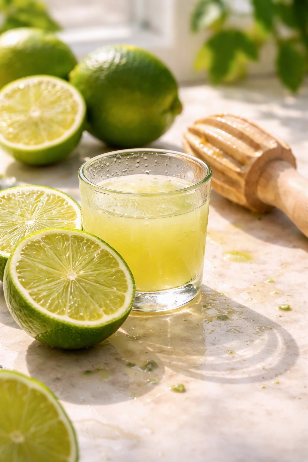 Halved lime and glass of lime juice with condensation