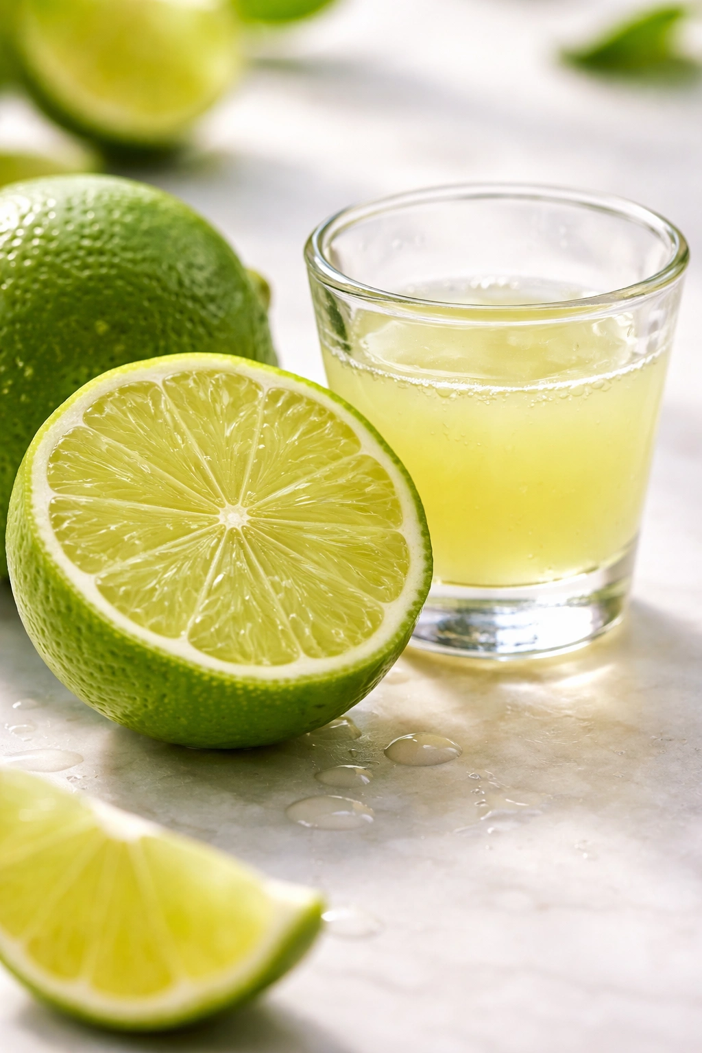 Halved lime with juice droplets and glass of lime juice