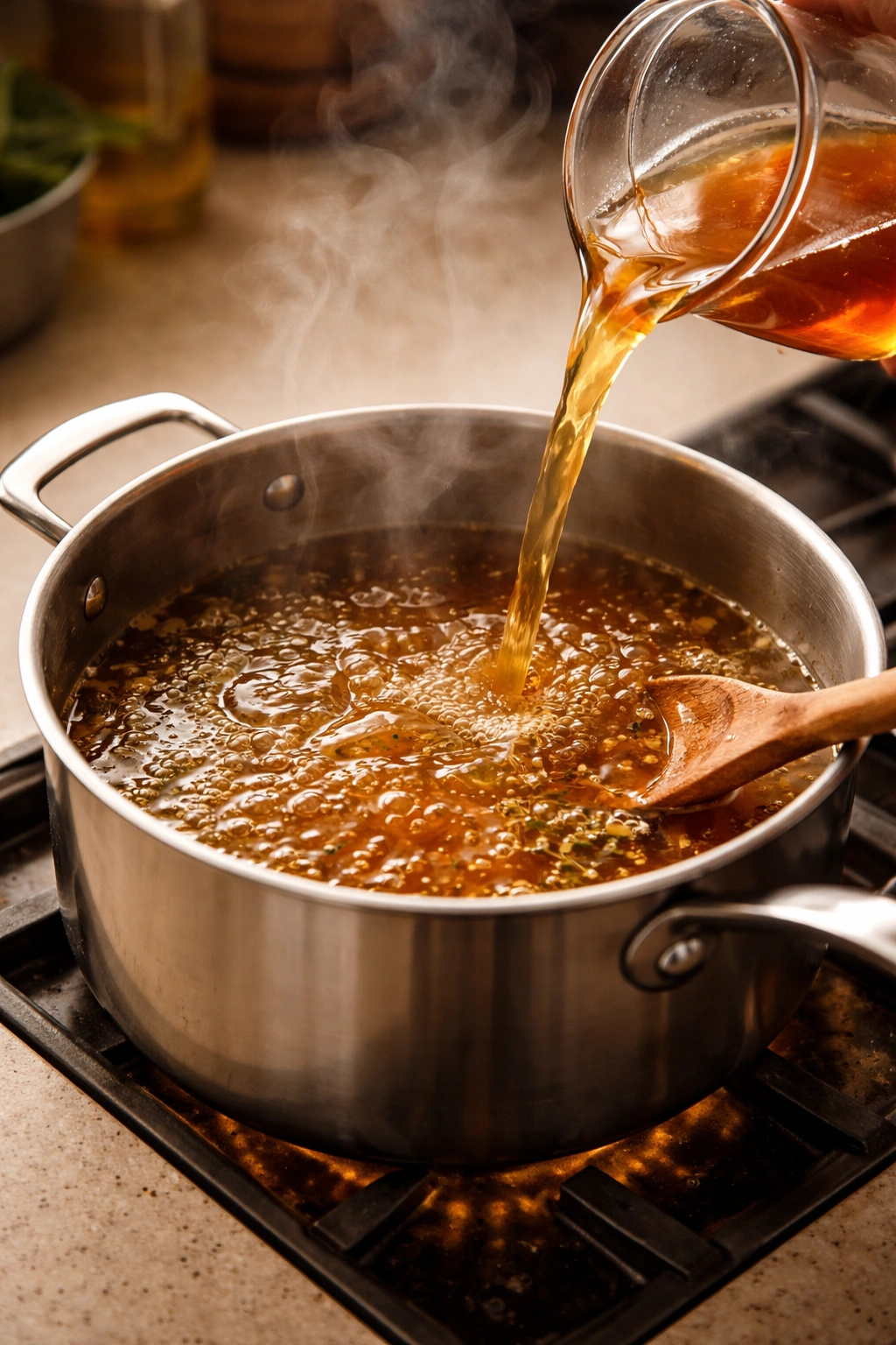 Small saucepan with simmering broth in a warm kitchen