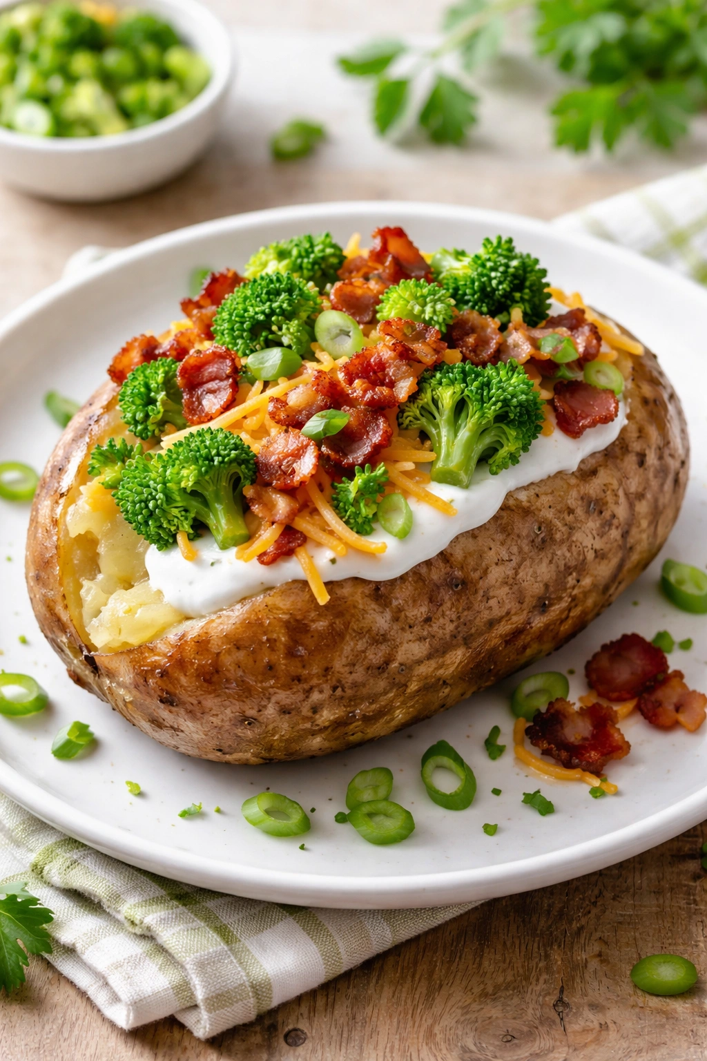 Loaded baked potato with yogurt, cheese, bacon, broccoli topping