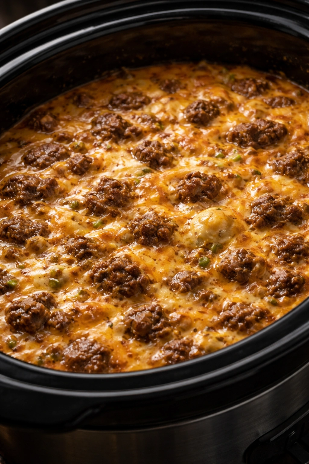 Beef and cheddar beer dip visible in a crock pot