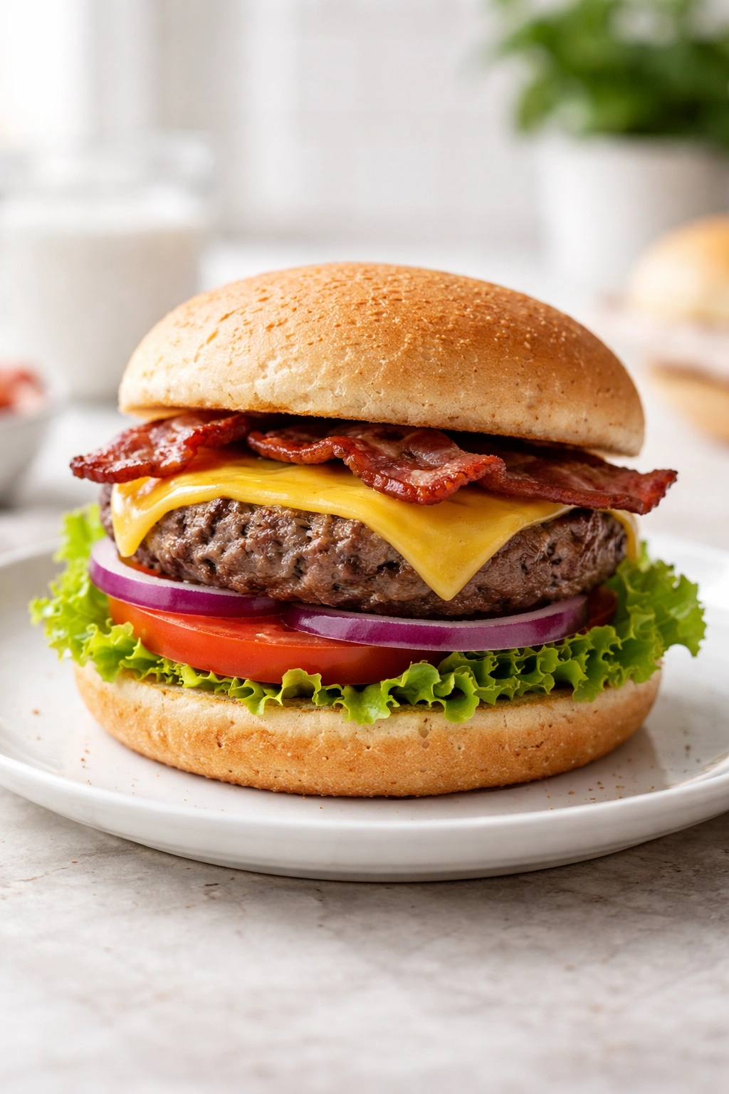 Close-up of a loaded cheeseburger with cheese and bacon on a plate