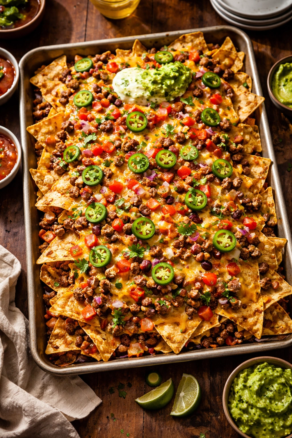Close-up of loaded nachos supreme on a sheet pan with melted cheese and toppings