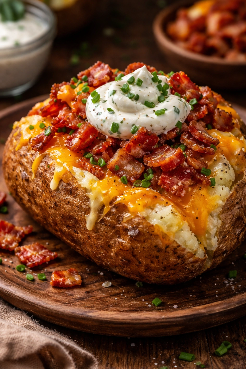 Loaded potato with bacon, cheddar, and ranch topping on a rustic plate