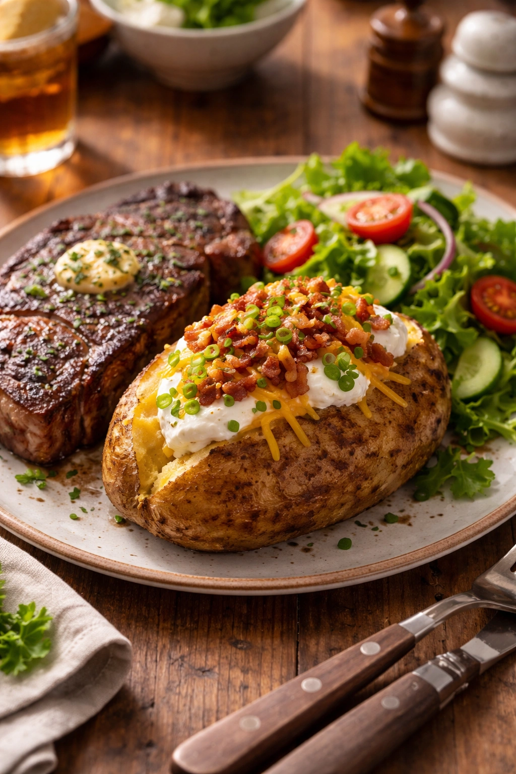 Loaded baked potato centerpiece with grilled steak and salad on rustic plate