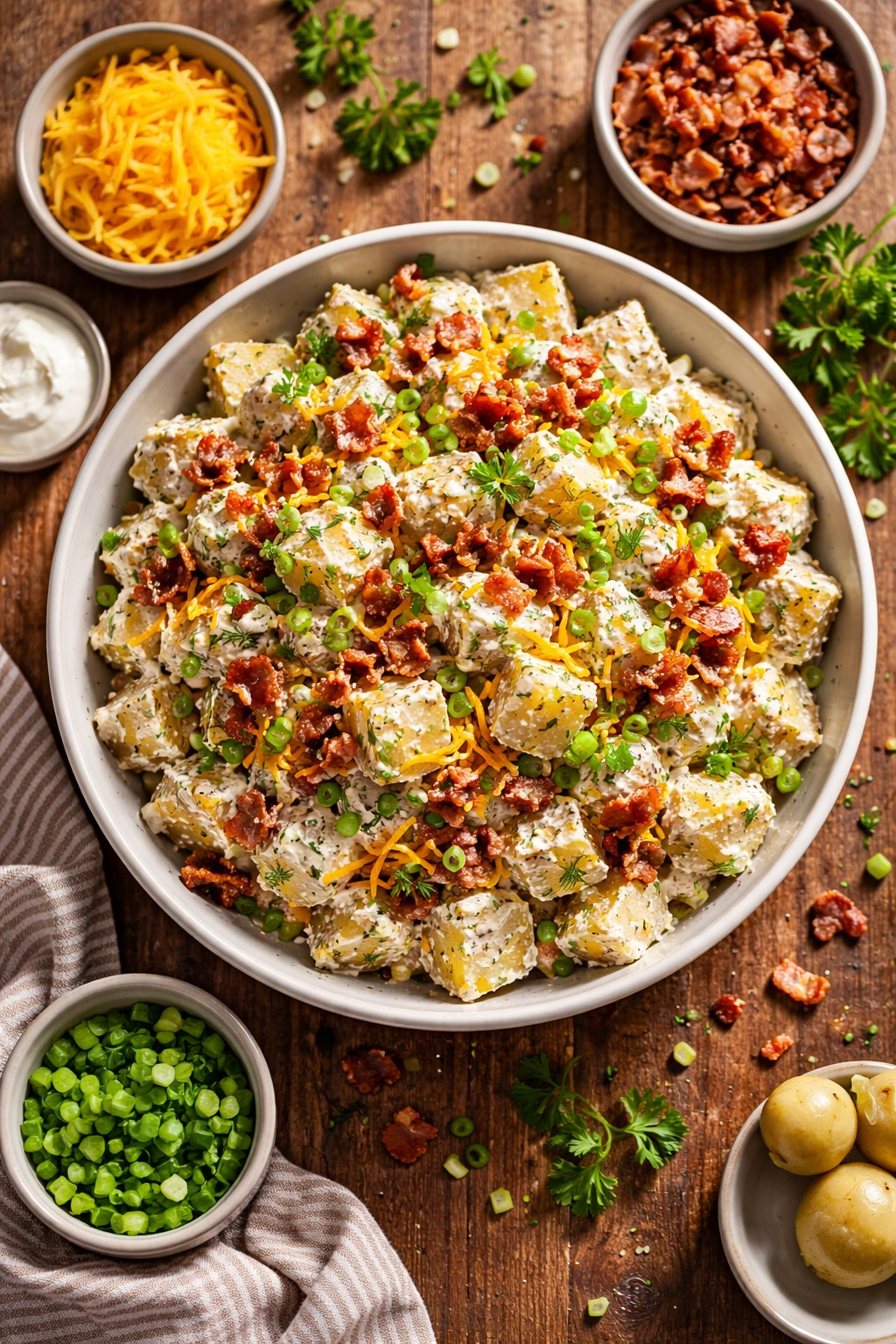 Colorful loaded potato salad with bacon, cheddar, and herbs in a rustic bowl
