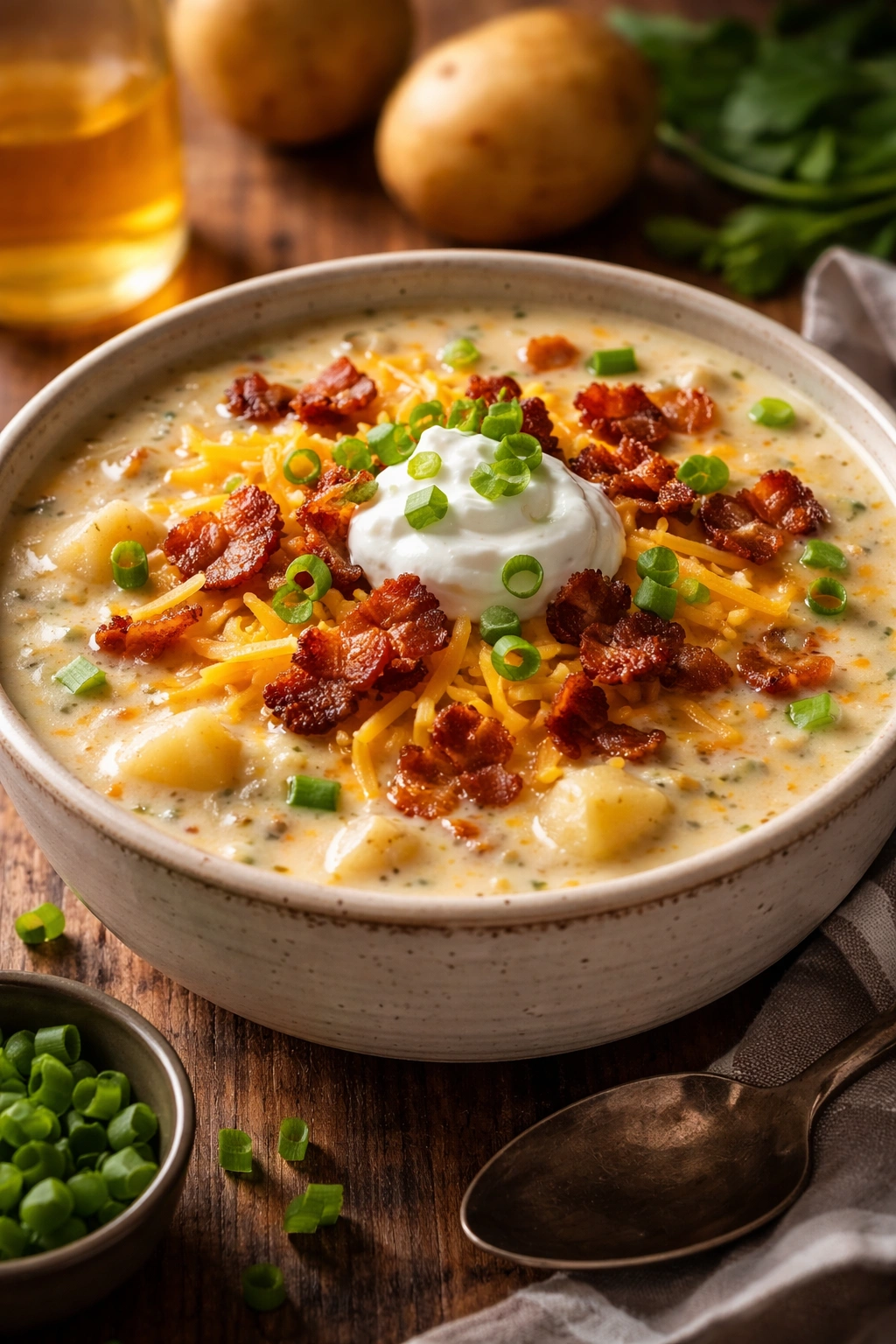 Creamy loaded potato soup with bacon and cheddar in a bowl