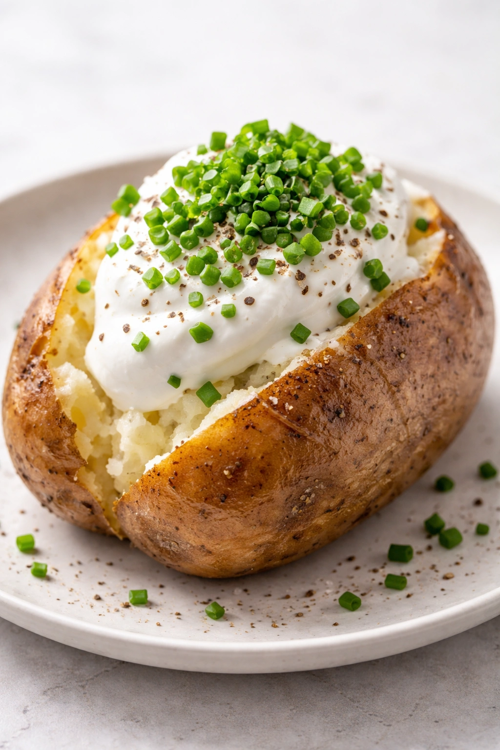 Baked potato with sour cream, chives, and cracked black pepper on a simple plate