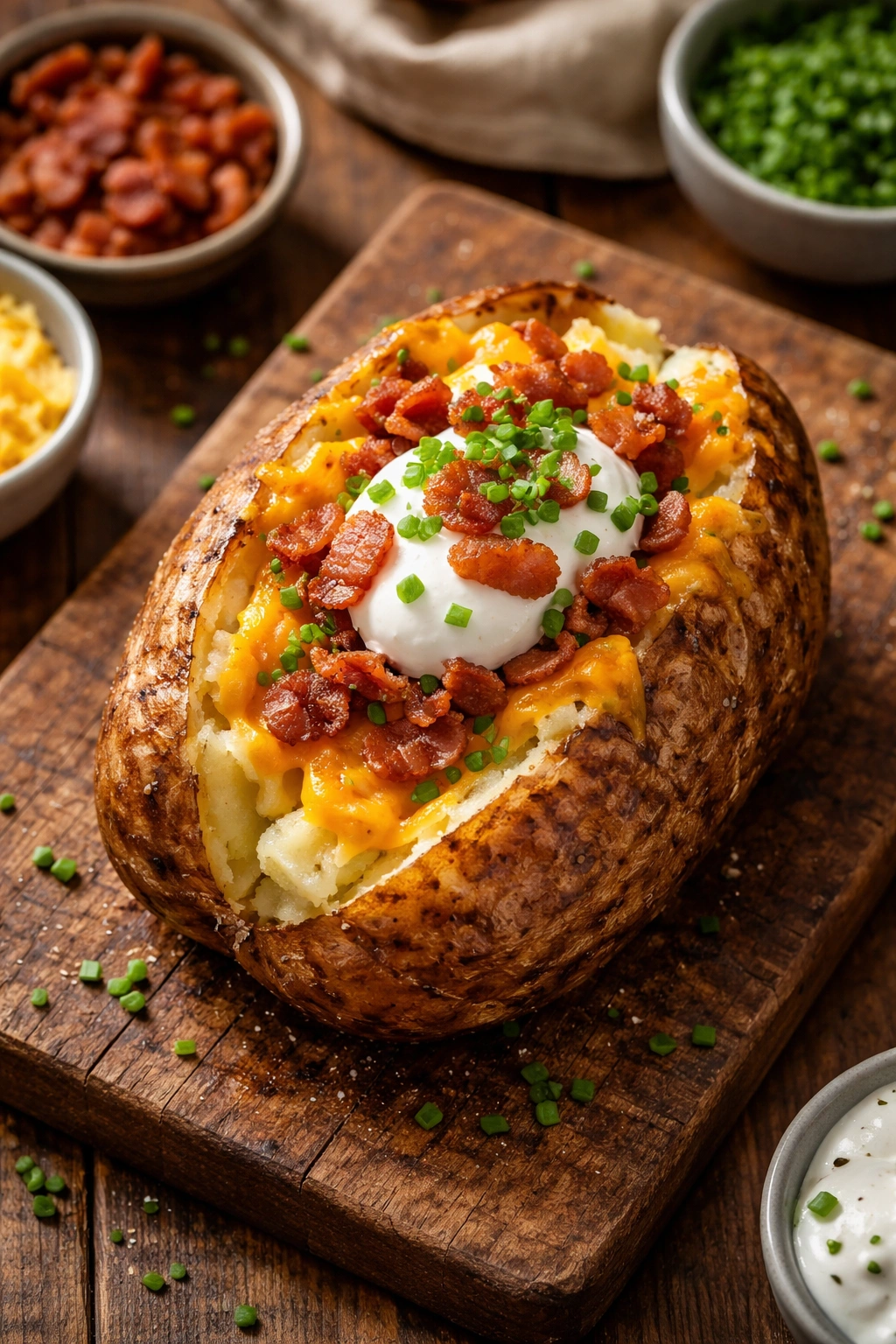Close-up of a loaded baked potato with cheese, sour cream, bacon, and chives.
