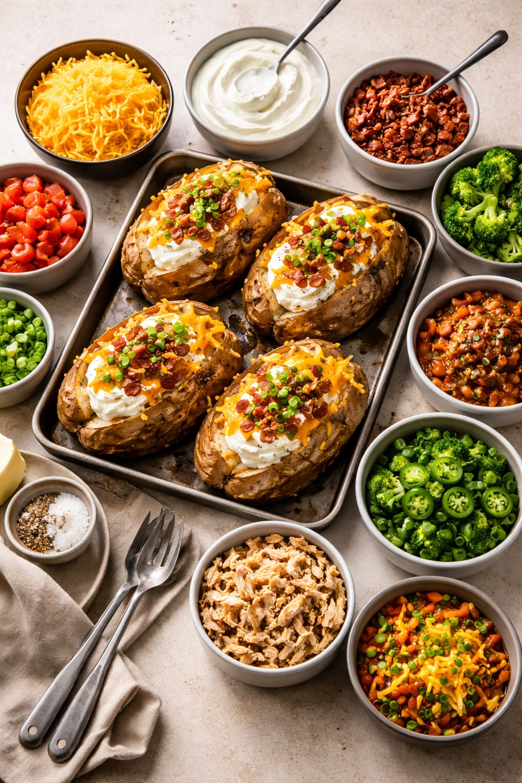 Loaded baked potatoes with cheese sour cream and green onions on a tray