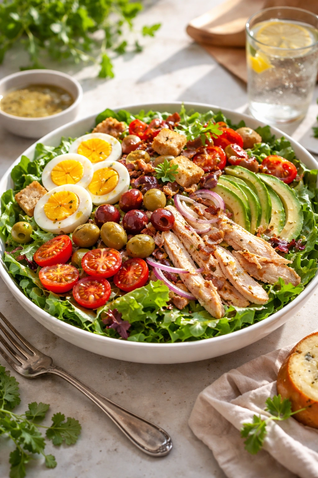 Vibrant loaded salad bowl with greens, chicken, avocado and eggs.