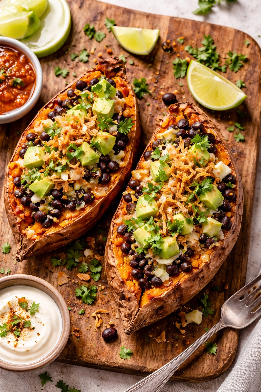 Loaded sweet potatoes with beans avocado onions on board