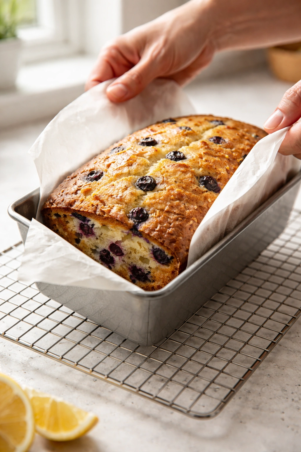 Loaf partially removed from pan onto cooling rack with parchment overhangs in a bright kitchen