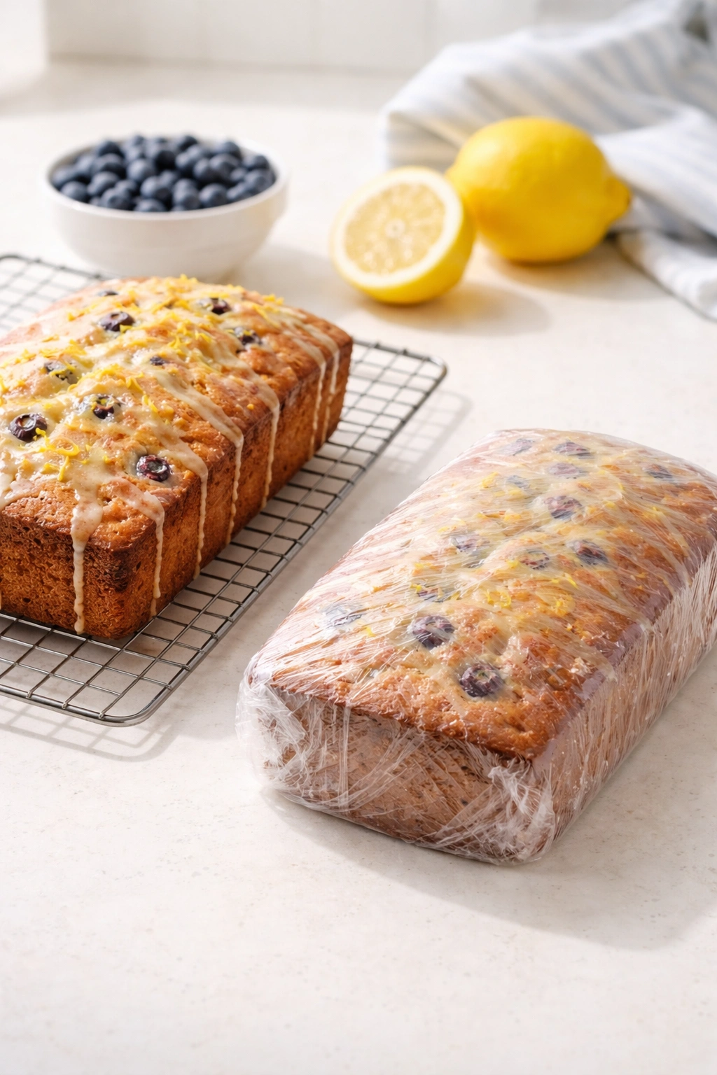 Loaf on cooling rack beside wrapped loaf for storage