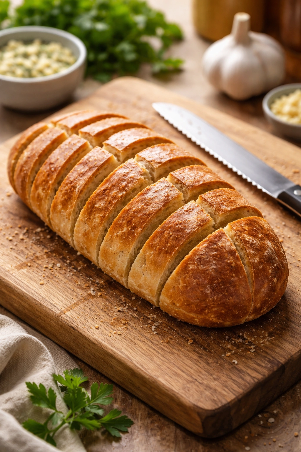 Loaf with diagonal cuts on cutting board ready to pull apart
