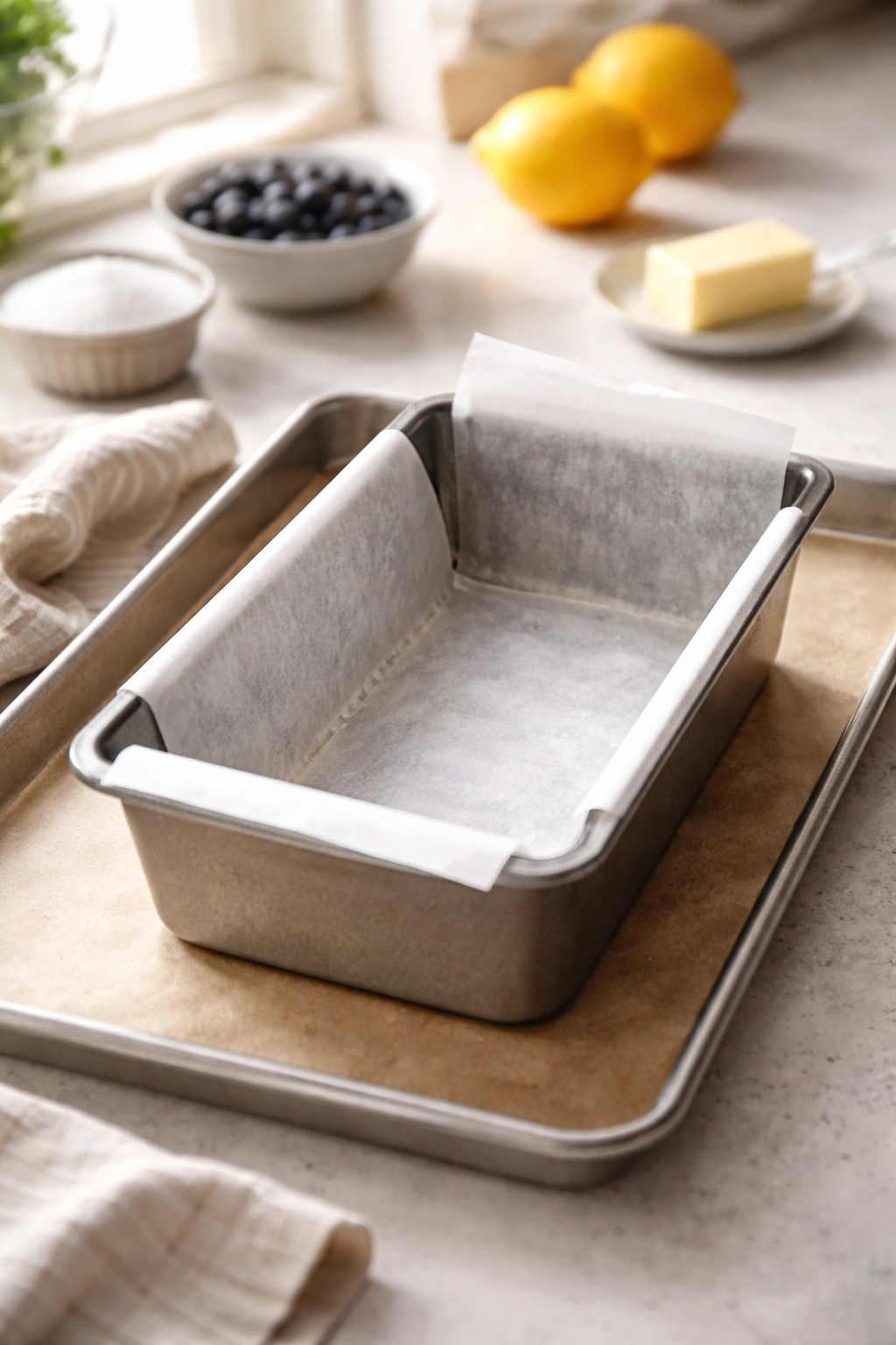 Loaf pan lined with parchment on a baking sheet ready for batter