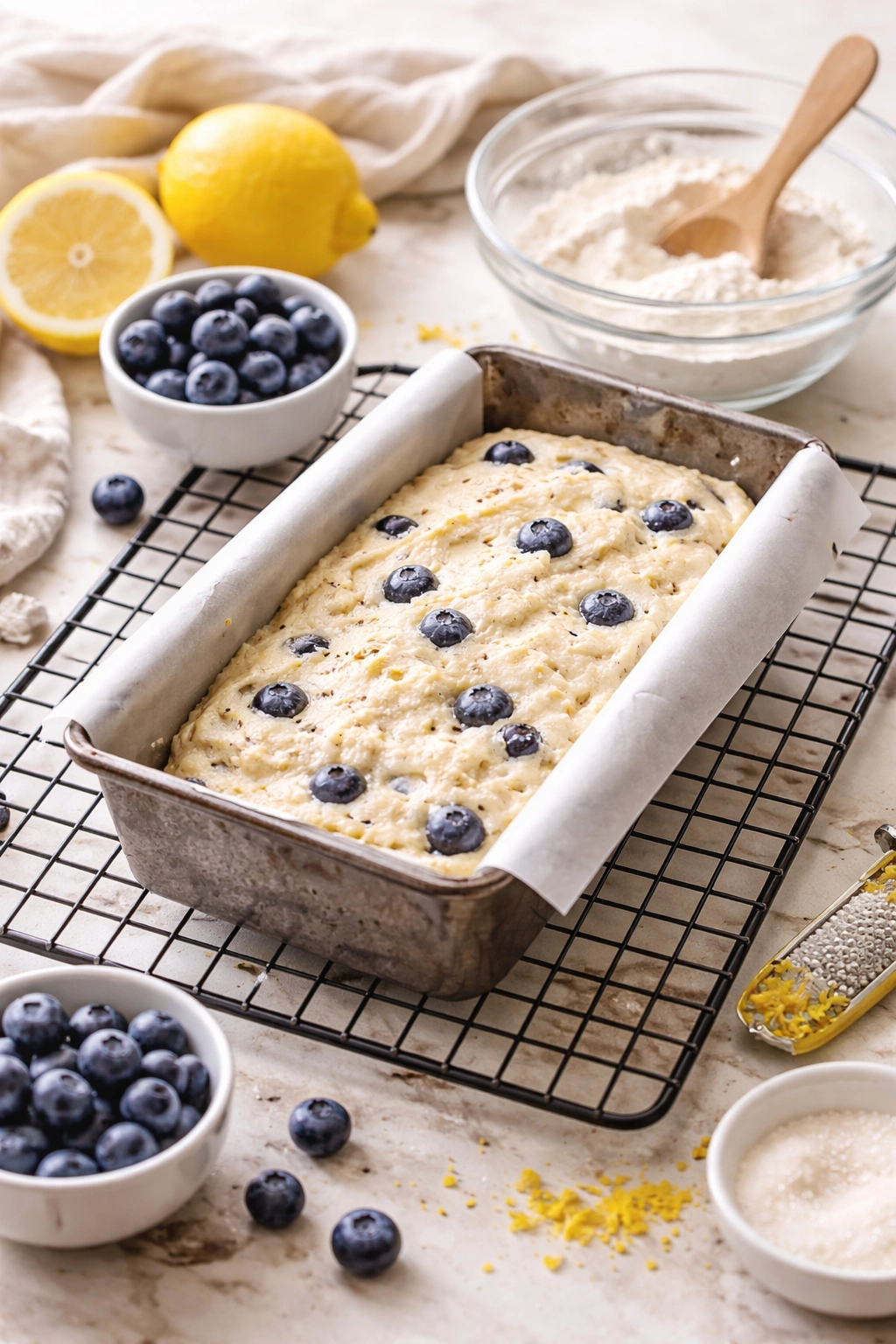 Loaf in a pan with baking tools on a kitchen counter, illustrating troubleshooting texture