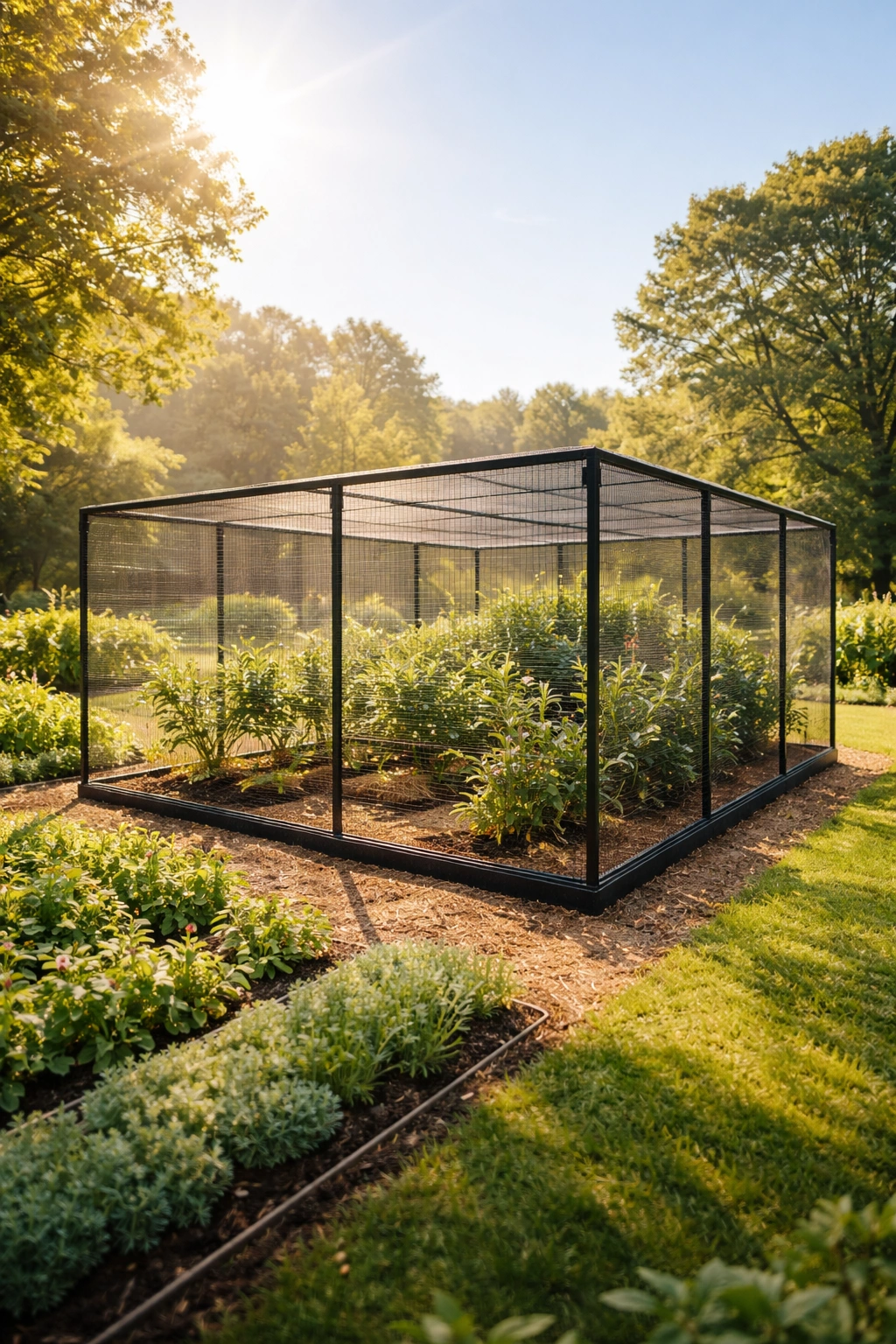 Sunny garden corner with fruit cage in open sunlit space