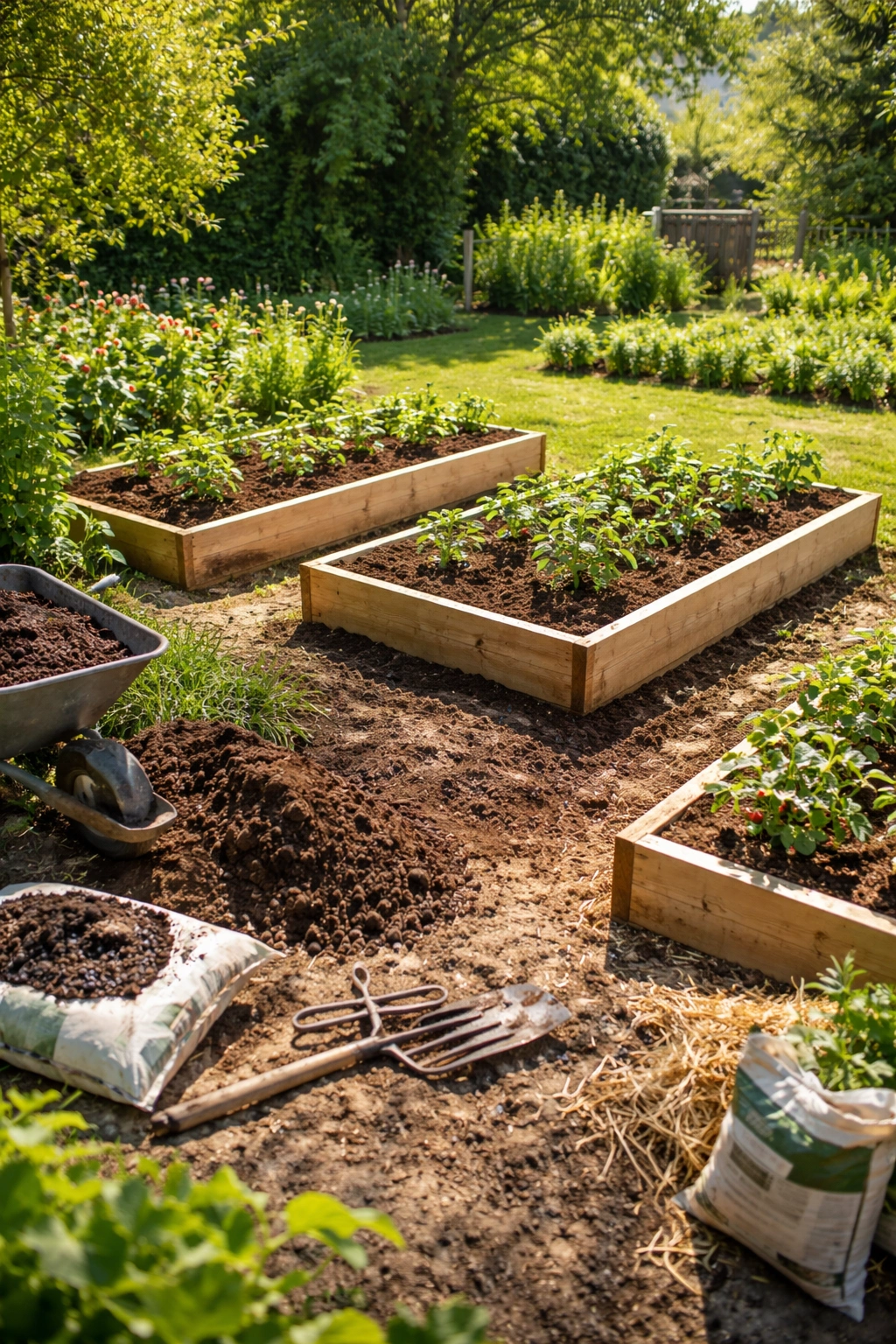 Sunny berry patch with raised beds and freshly tilled soil