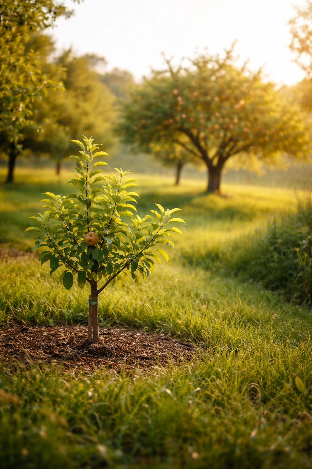 Young fruit tree in foreground with distant mature tree on horizon