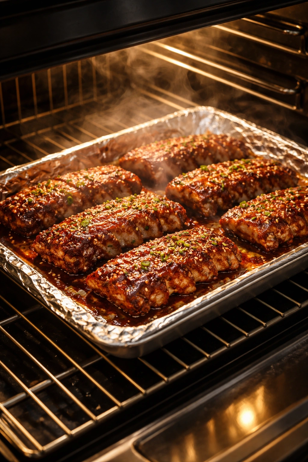 Ribs slow roasting in a low-temperature oven with foil and gentle steam