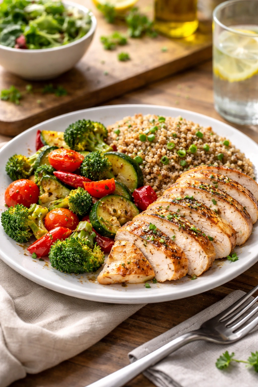 Close-up of a balanced low-calorie dinner plate with lean protein, vegetables, and grains
