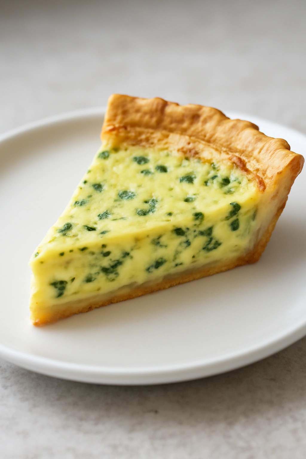 Close-up of a slice of light quiche with a thin crust and creamy interior