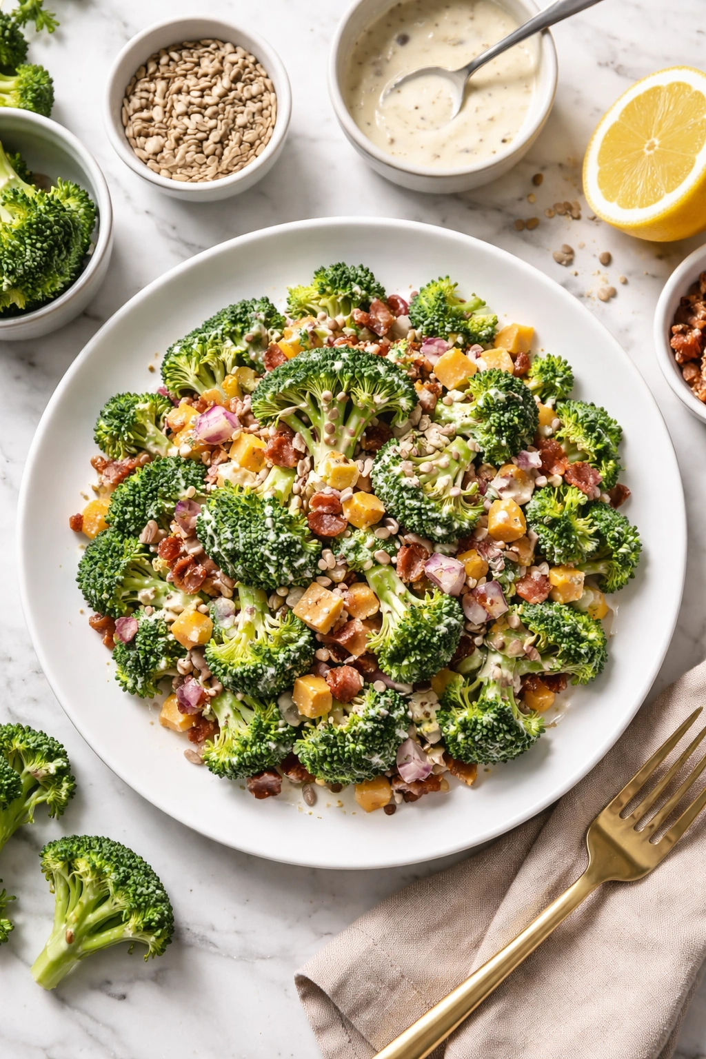 Plate of broccoli salad on a white plate representing a low-carb meal