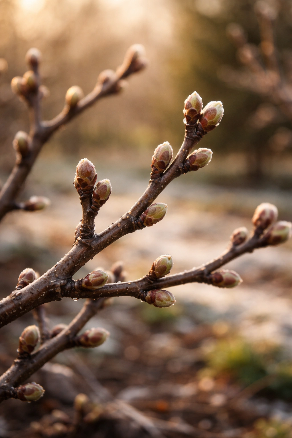 Close-up of bare-branch deciduous fruit tree with buds in winter light.