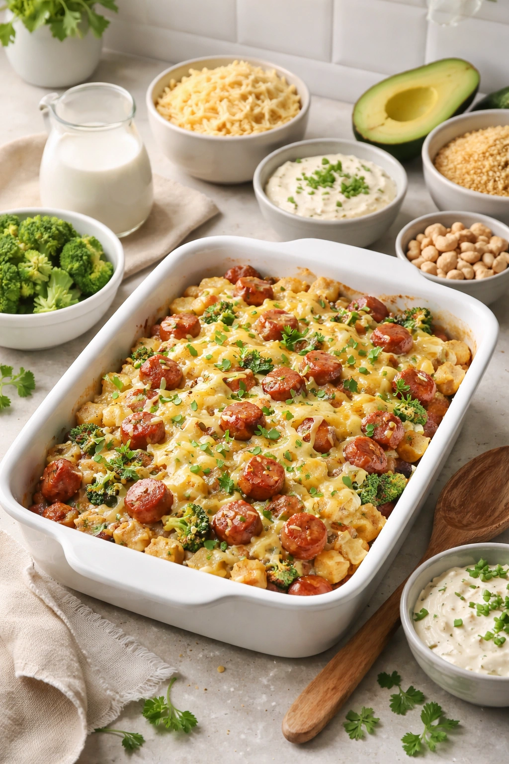 Casserole with lighter cheese tones and non-dairy substitutes depicted visually