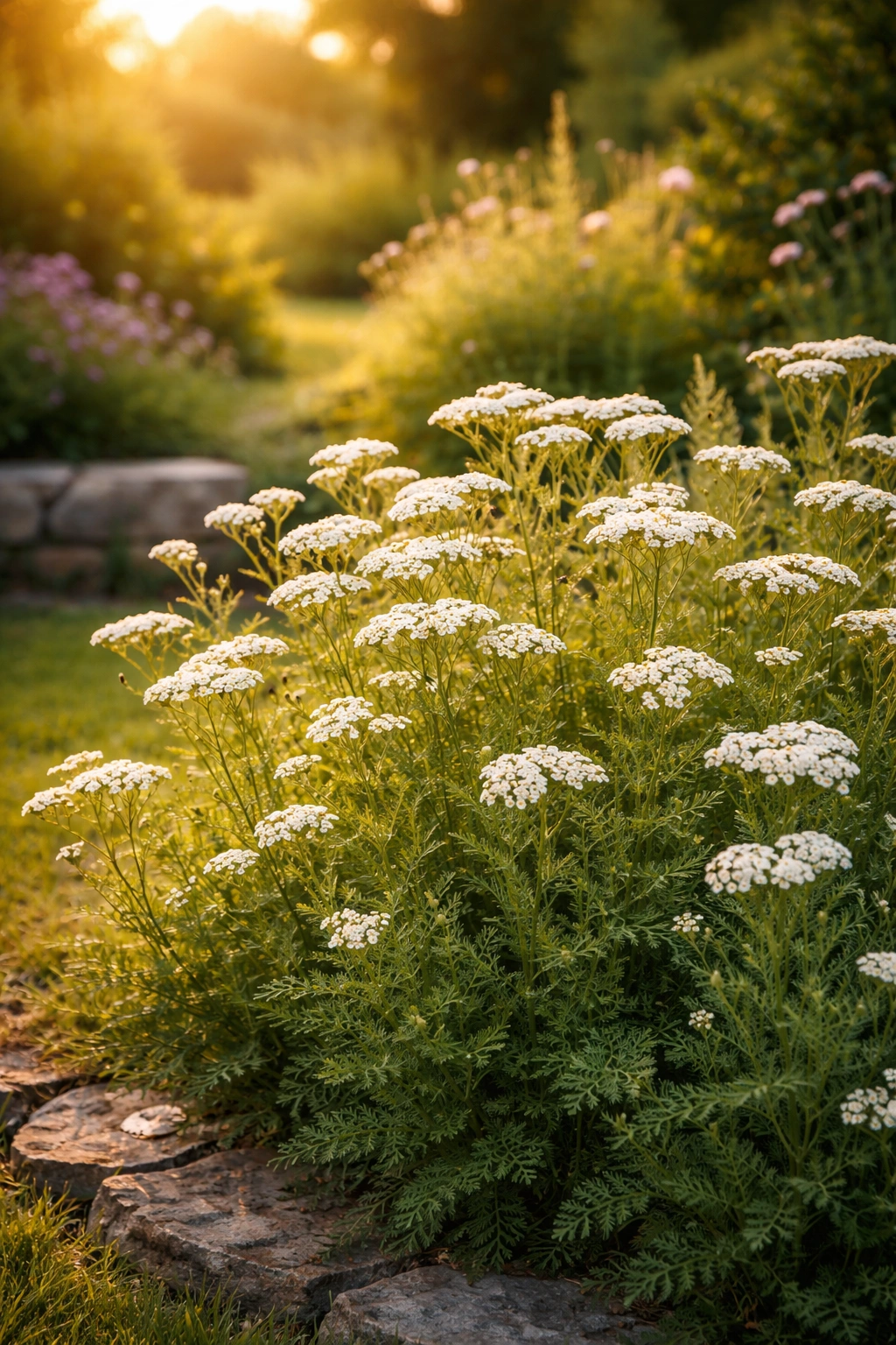 Yarrow flowers in a sunlit low-maintenance garden