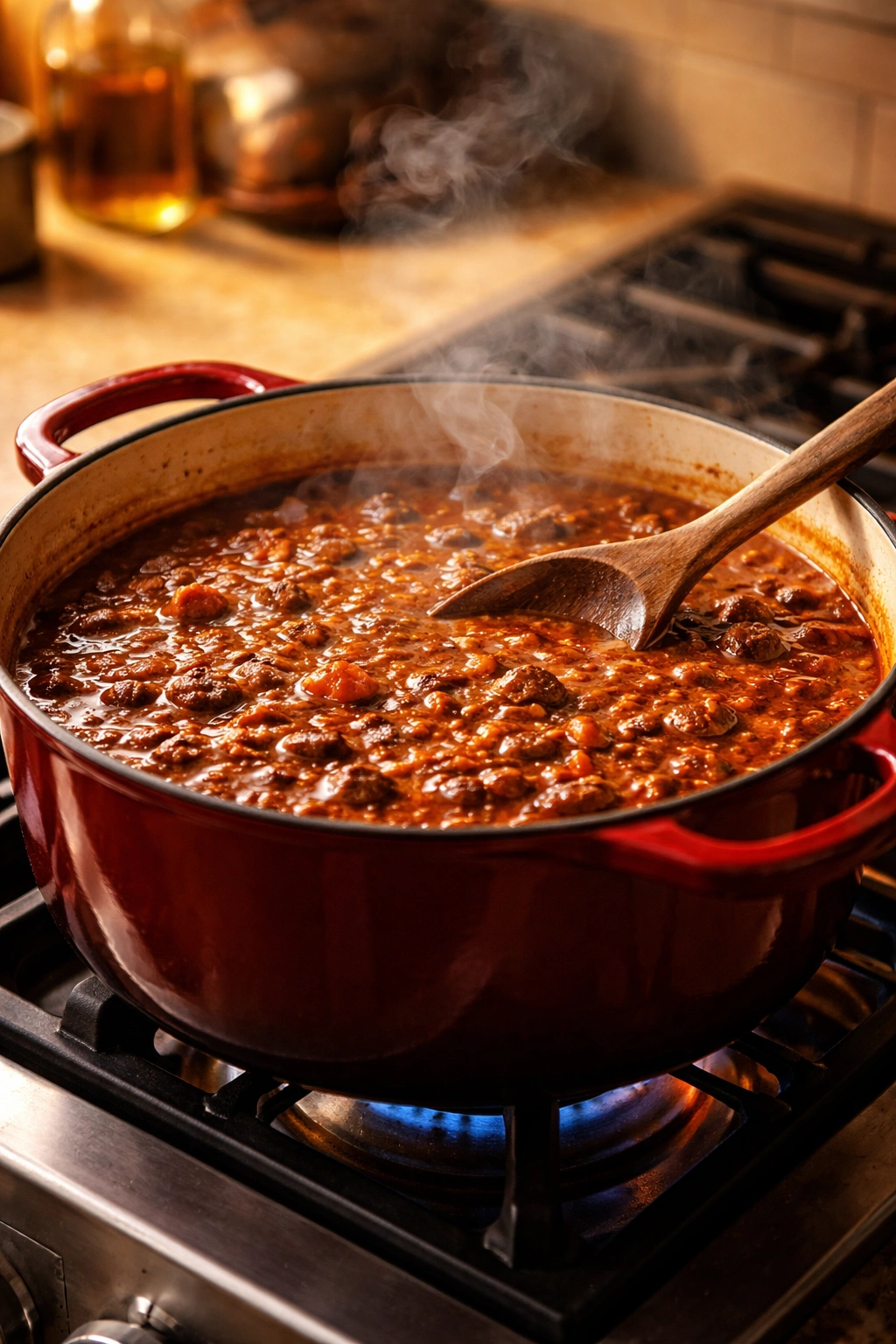 Chili on the stove with a gentle simmer and rising steam.