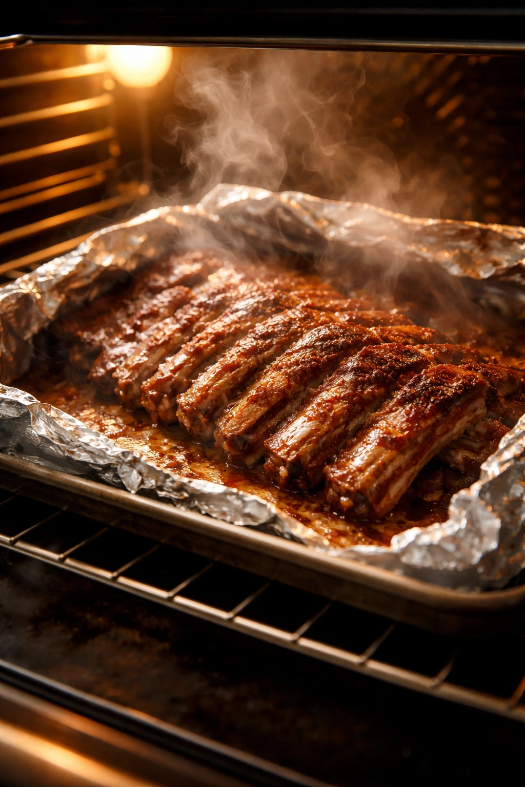 Ribs in oven with steam, showing slow cooking effect