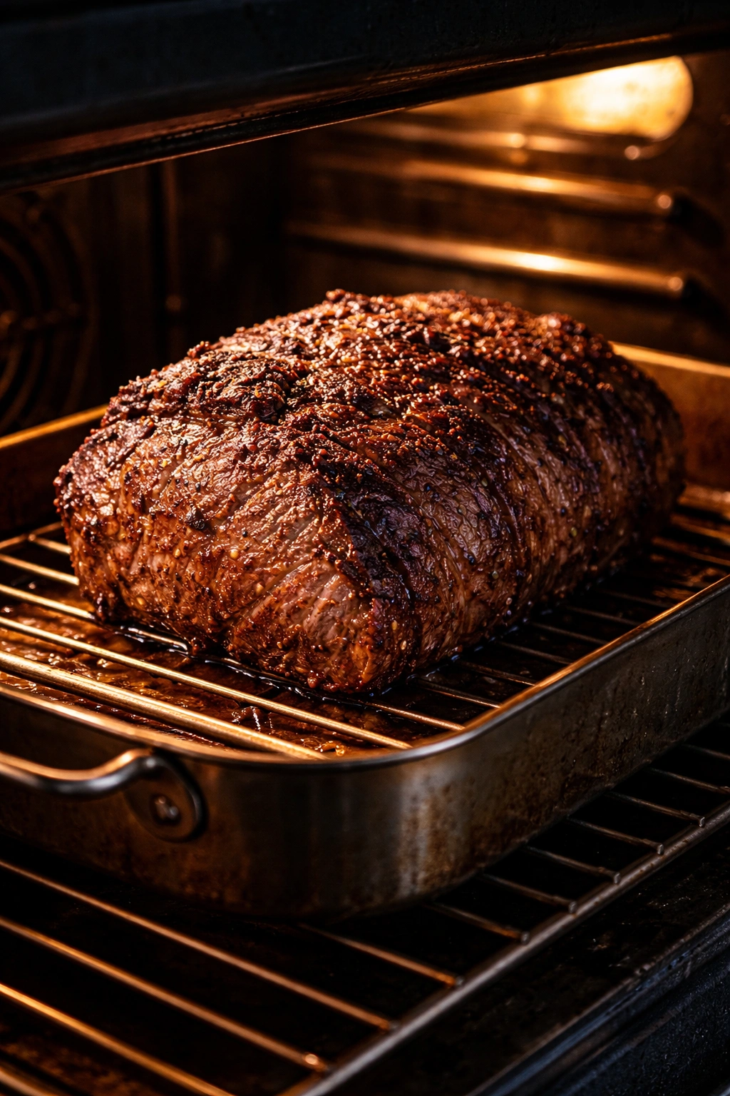 Beef roast with deep brown crust in a roasting pan inside an oven