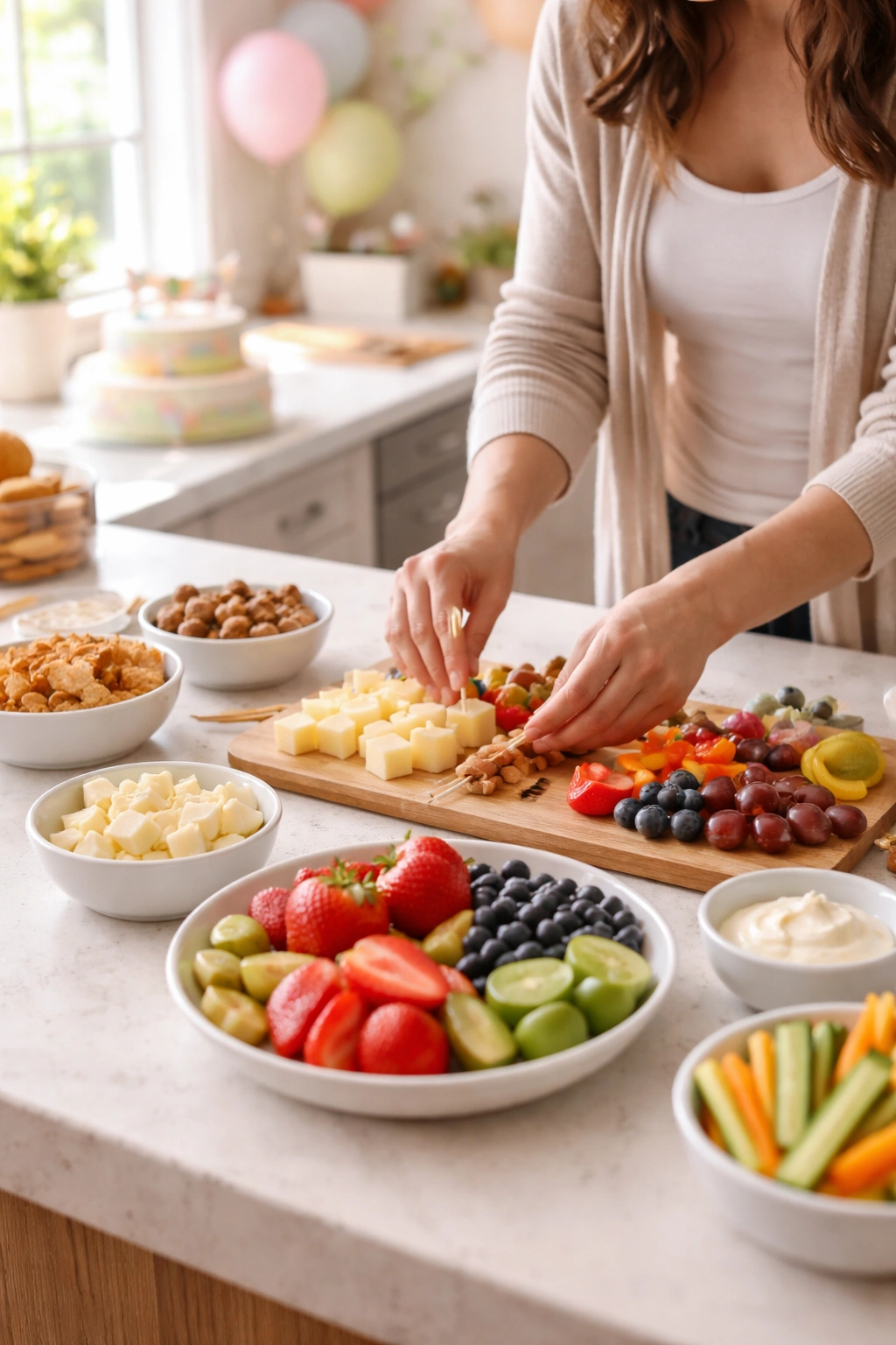 Calm host preparing a simple finger-food spread for a baby's party in a bright kitchen