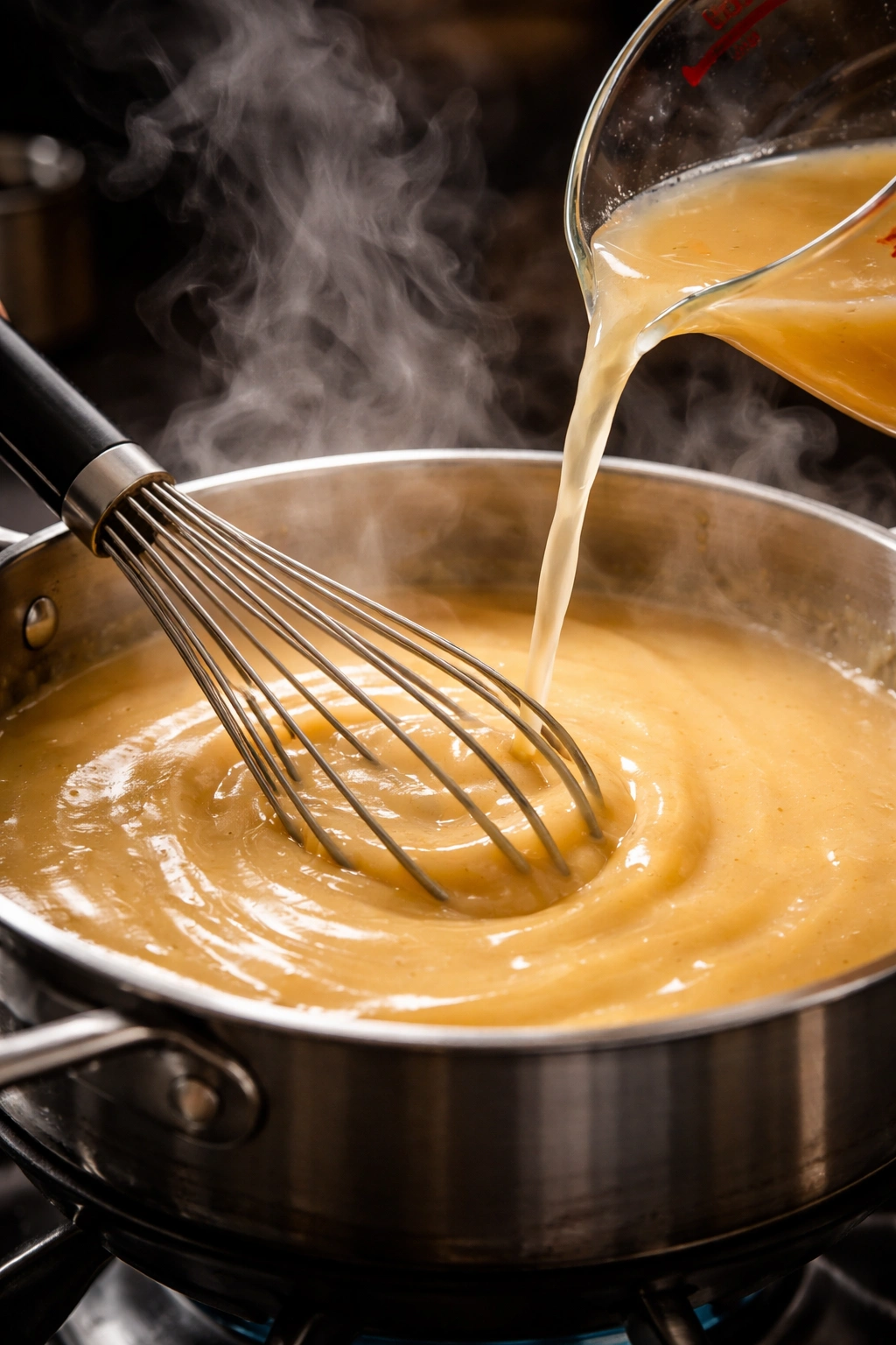 Whisk creating smooth, lump-free gravy as stock is added gradually
